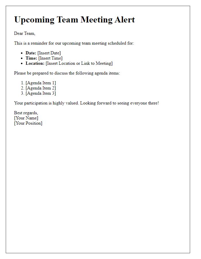 Letter template of Upcoming Team Meeting Alert