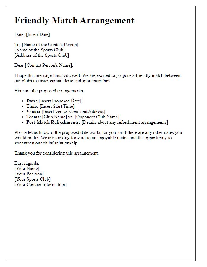 Letter template of friendly match arrangements for local sports clubs.