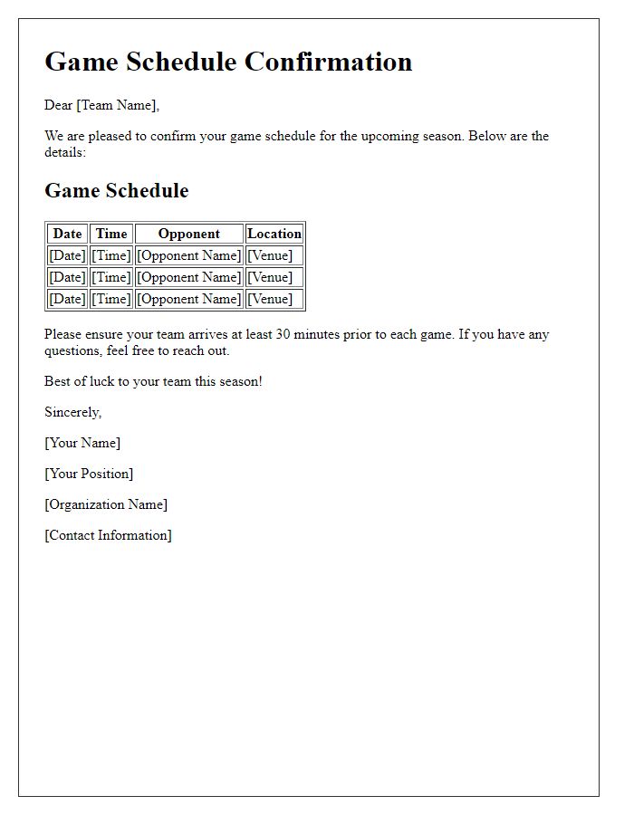 Letter template of game schedule confirmation for competitive teams.