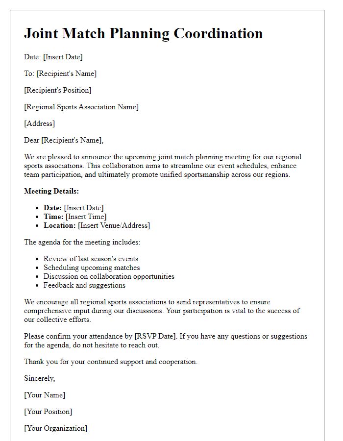 Letter template of joint match planning for regional sports associations.