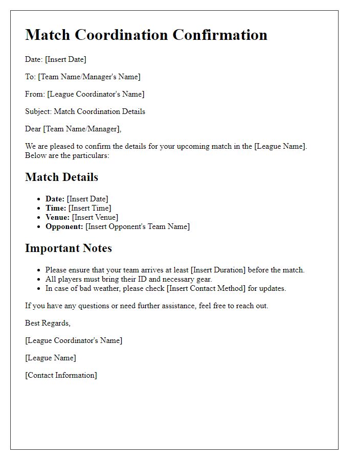 Letter template of match coordination for adult sports league.