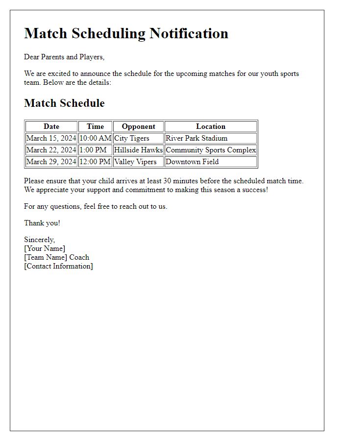 Letter template of match scheduling for youth sports team.