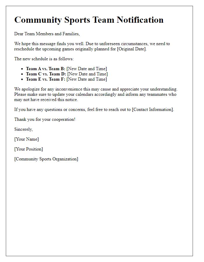 Letter template of rescheduling games for community sports teams.