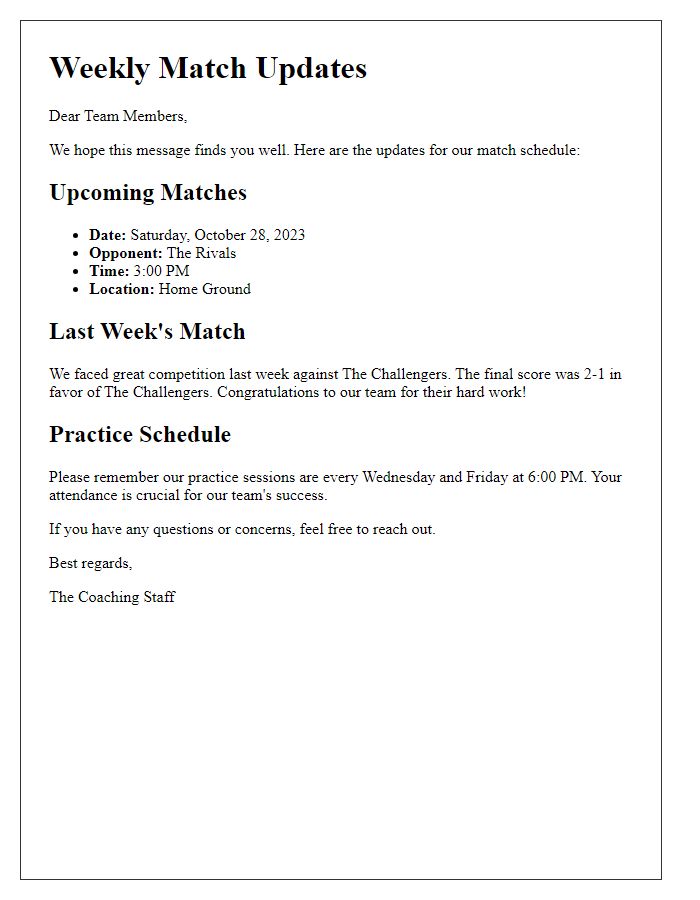 Letter template of weekly match updates for members of a sports team.