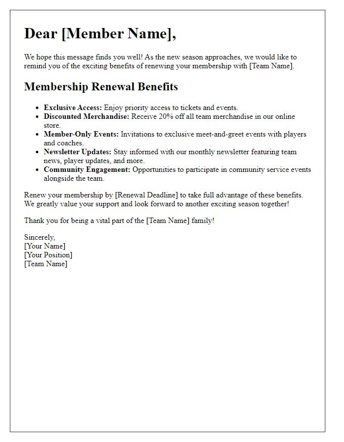 Letter template of sports team membership renewal benefits.