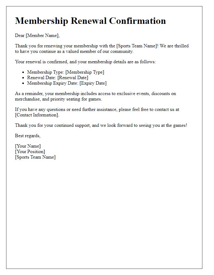 Letter template of sports team membership renewal confirmation.