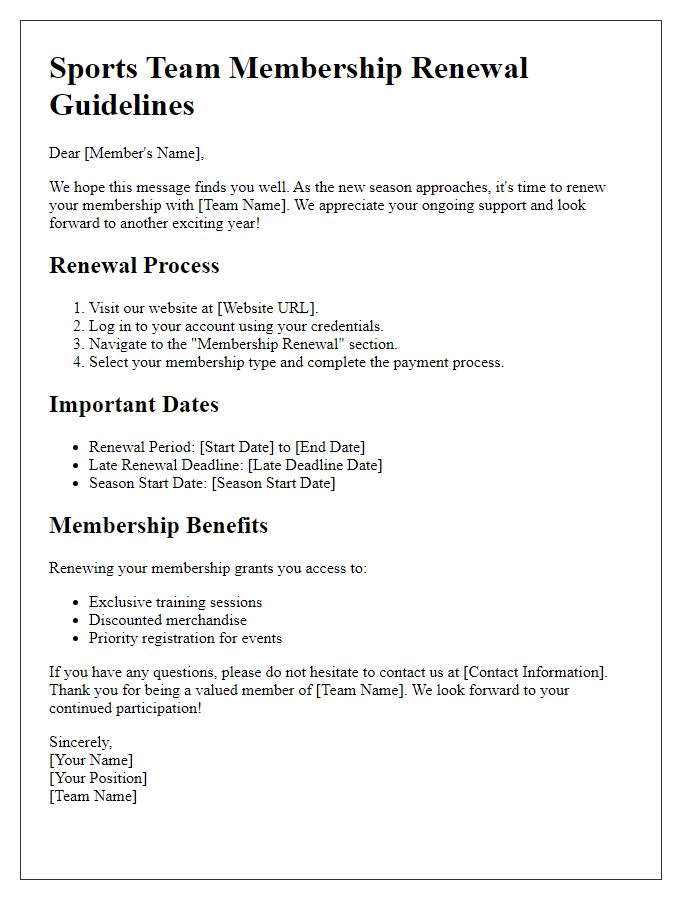 Letter template of sports team membership renewal guidelines.