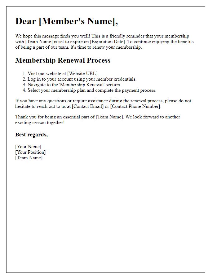 Letter template of sports team membership renewal process.