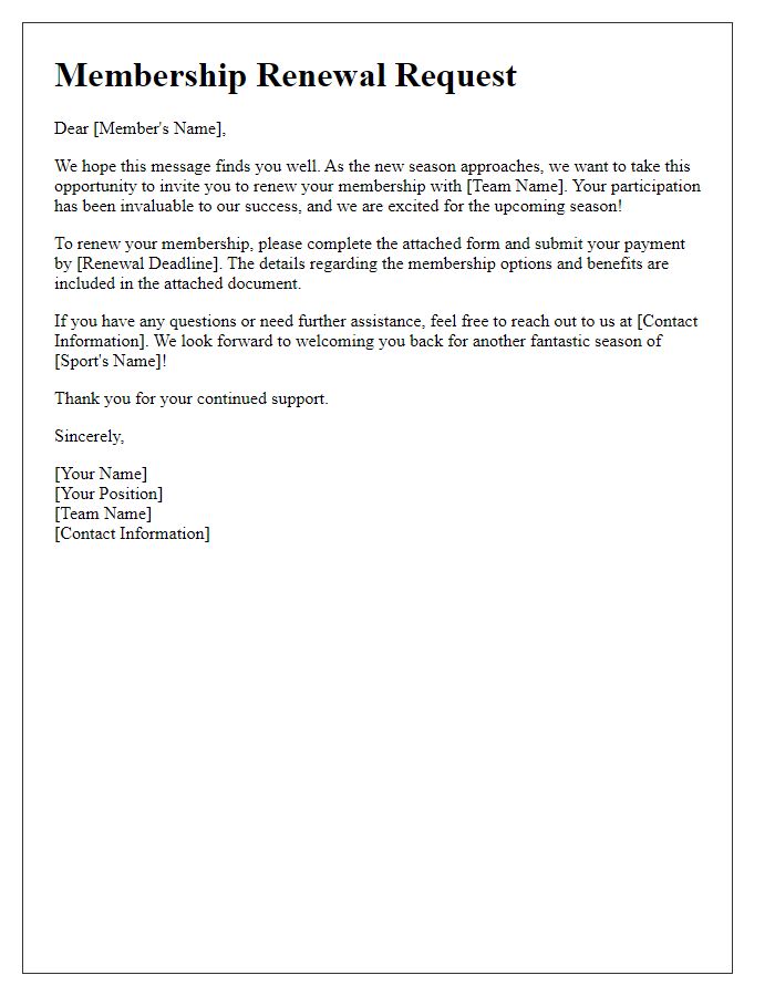 Letter template of sports team membership renewal request.