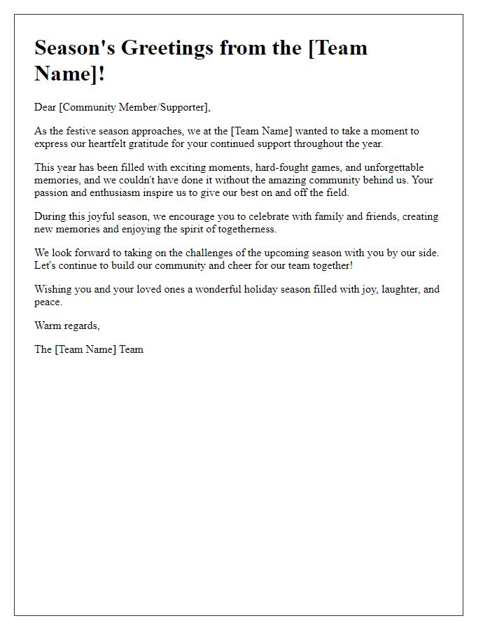 Letter template of festive cheer from the sports team to community members.