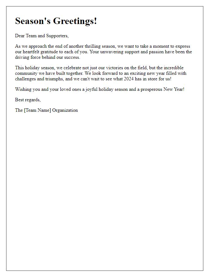 Letter template of seasonal greetings for the sports team and supporters.