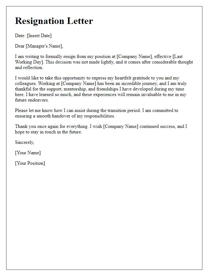 Letter template of gracious resignation thanking colleagues and management.