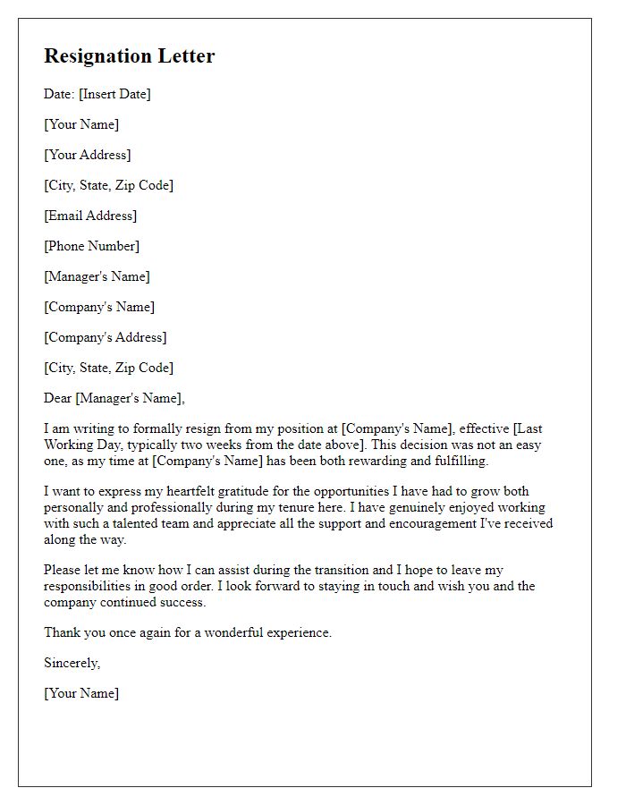 Letter template of professional resignation with heartfelt thanks.