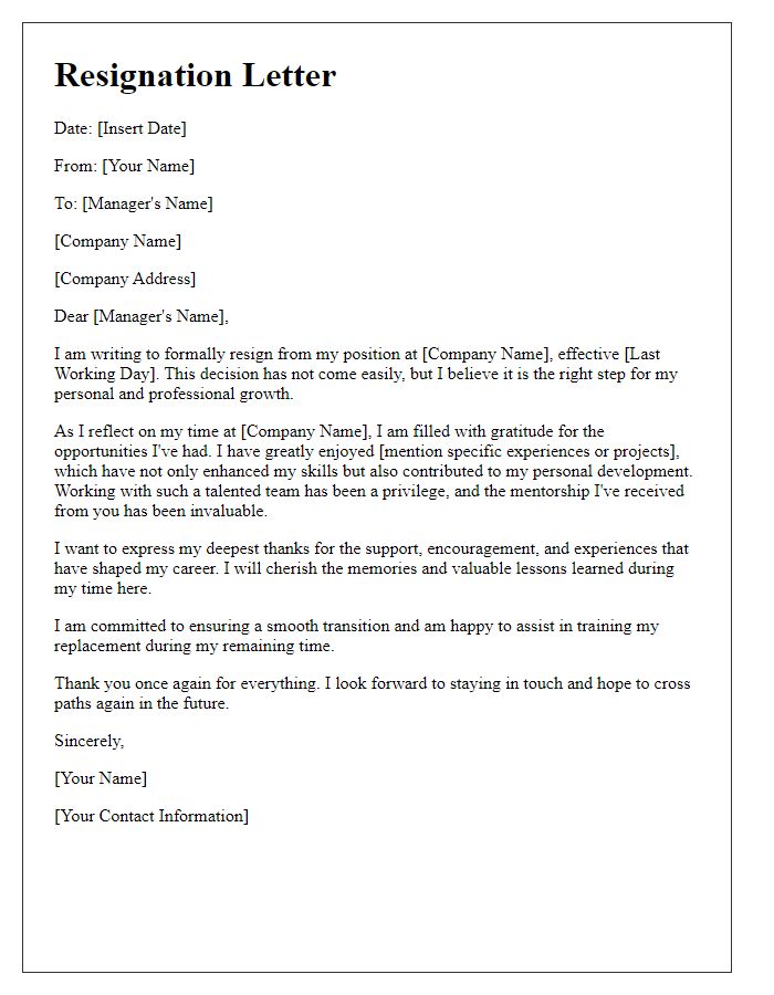 Letter template of thankful resignation highlighting experiences gained.