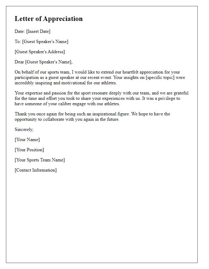 Letter template of appreciation for sports team guest speaker