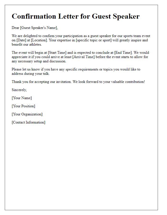 Letter template of confirmation for sports team guest speaker