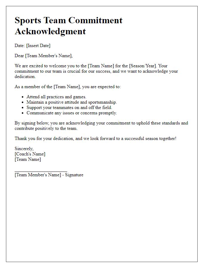 Letter template of sports team commitment acknowledgment