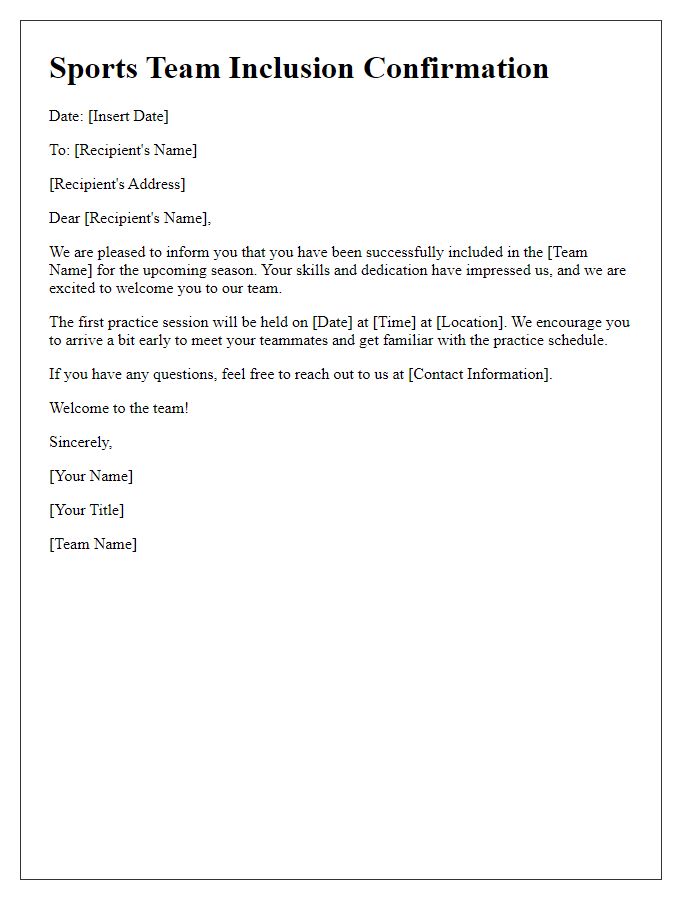 Letter template of sports team inclusion confirmation