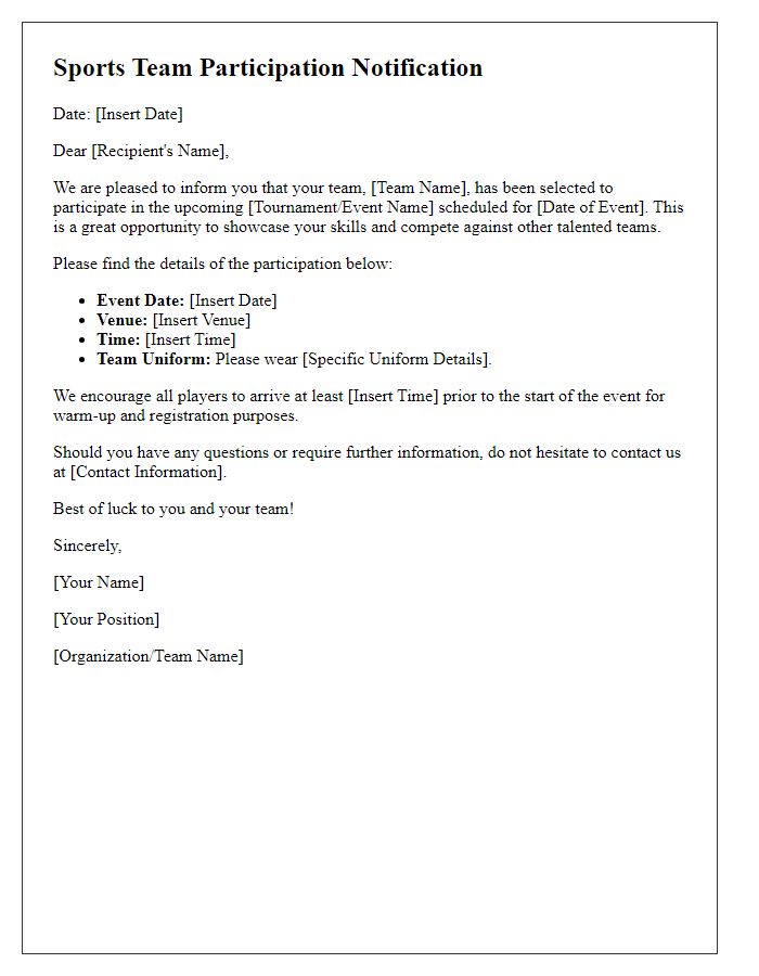 Letter template of sports team participation notification