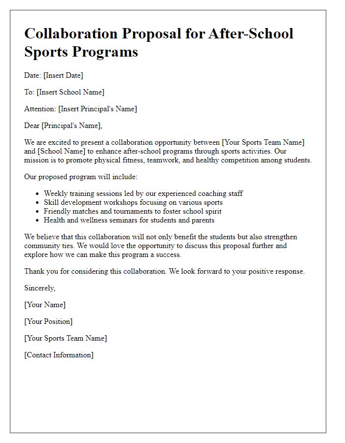 Letter template of sports team collaboration with schools for after-school programs.