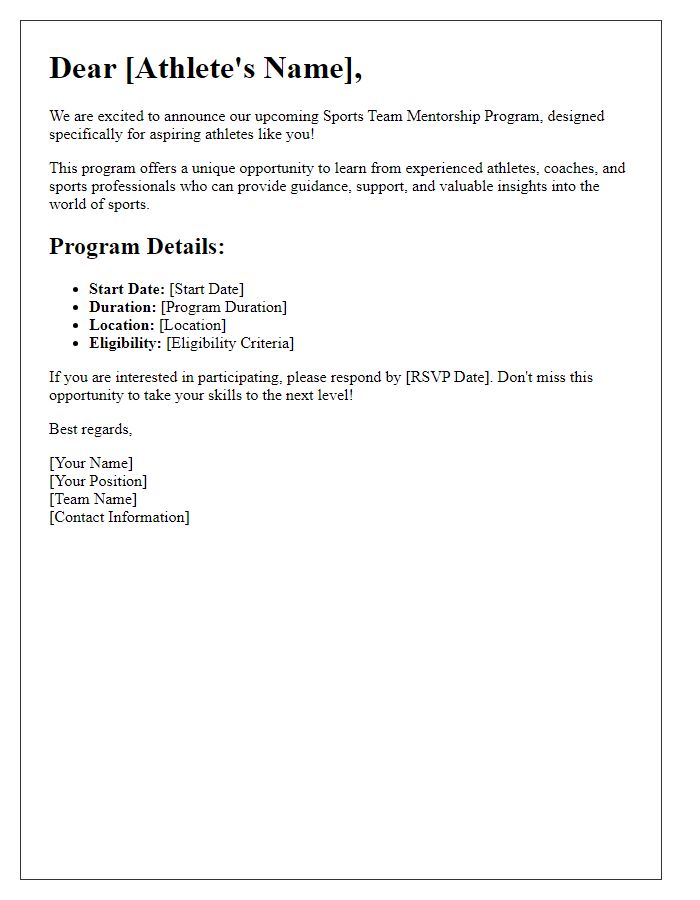 Letter template of sports team mentorship programs for aspiring athletes.