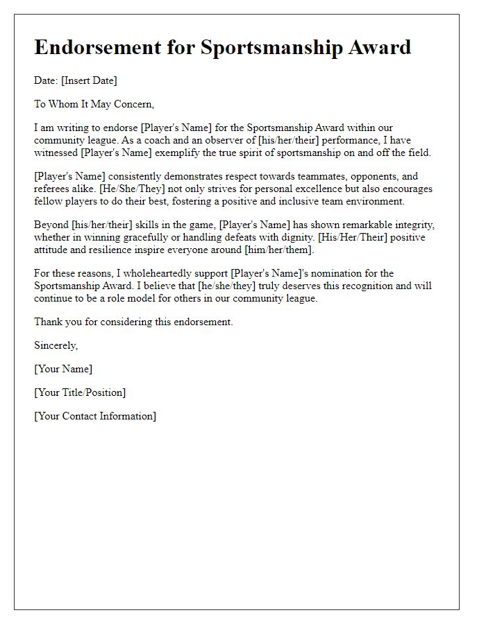 Letter template of endorsement for a sportsmanship award for a community league player.