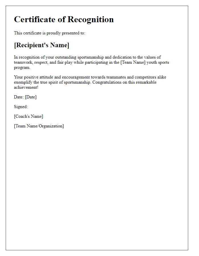 Letter template of recognition for sportsmanship achievement in a youth sports team.