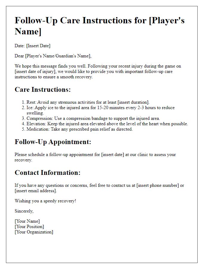 Letter template of follow-up care instructions for injured player