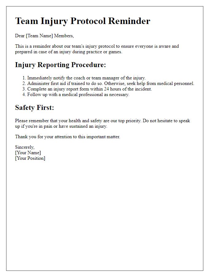 Letter template of team injury protocol reminder