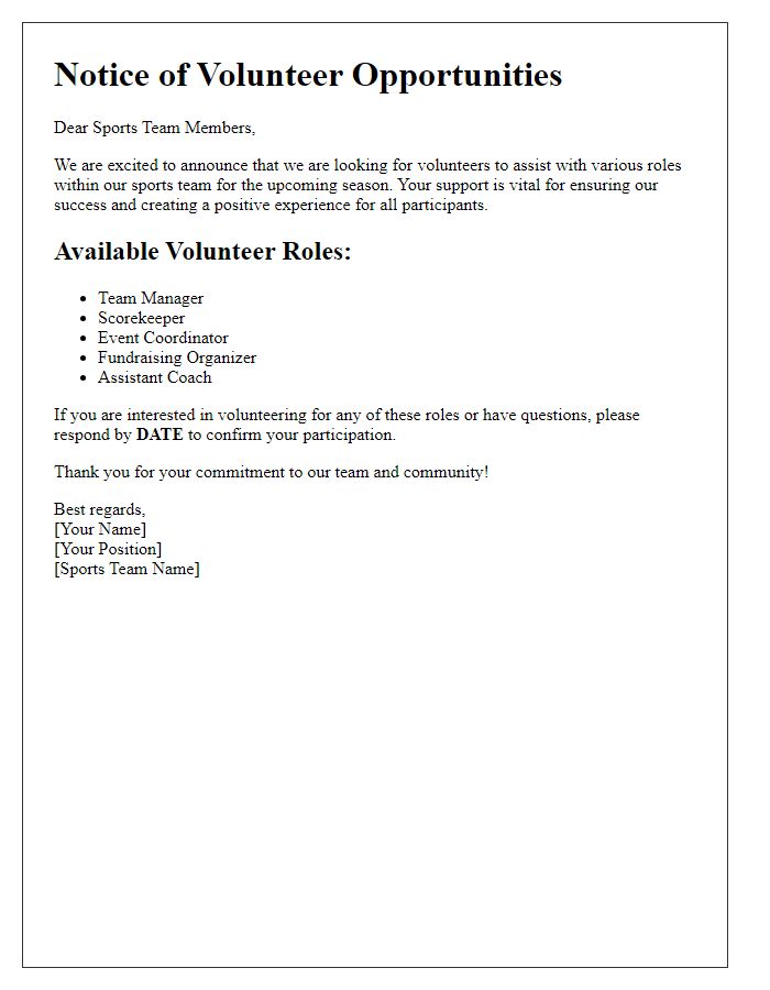 Letter template of notice for volunteer roles with the sports team.