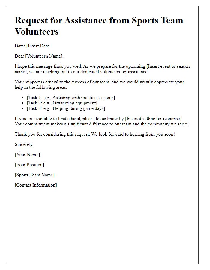 Letter template of request for assistance from sports team volunteers.