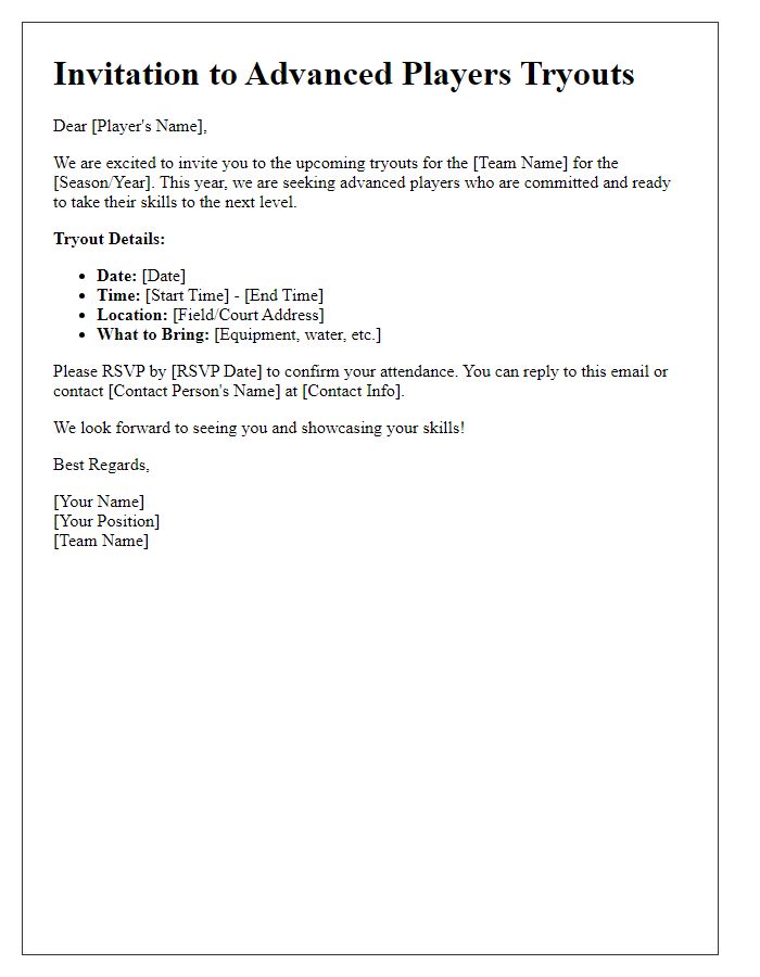 Letter template of sports team tryout invitation for advanced players.