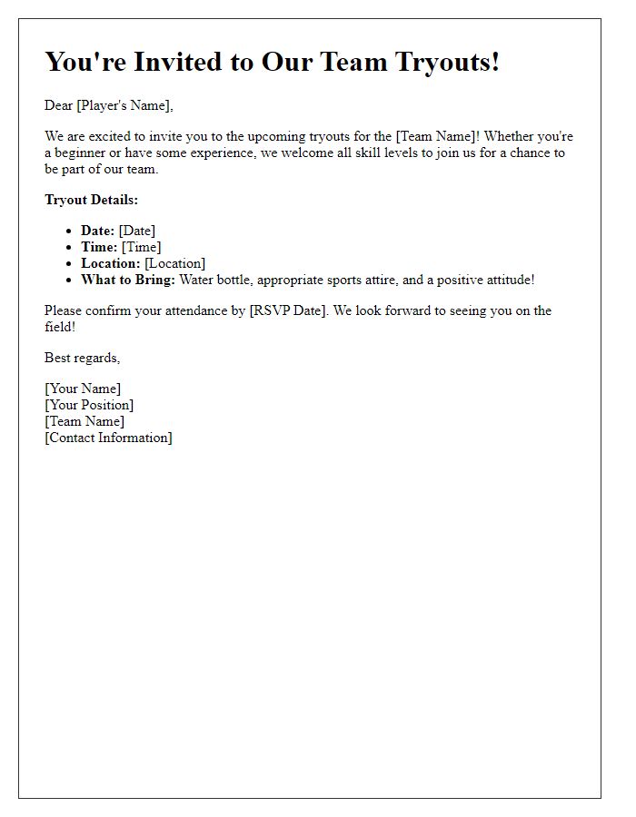 Letter template of sports team tryout invitation for beginners.