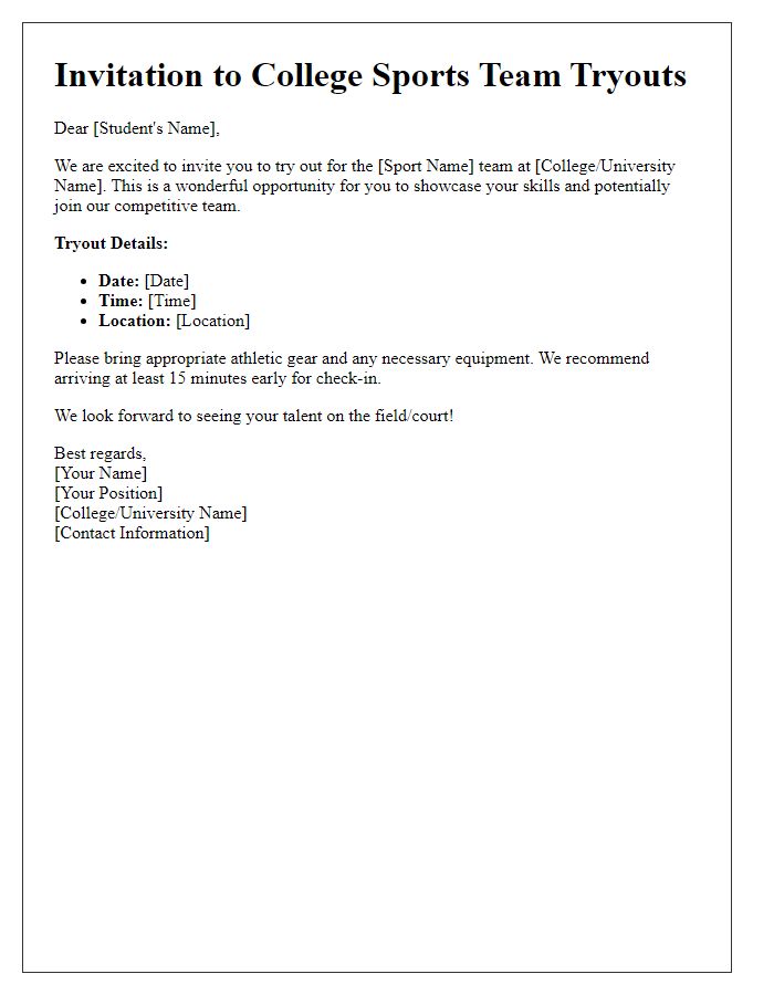 Letter template of sports team tryout invitation for college teams.