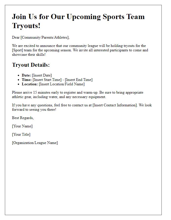 Letter template of sports team tryout invitation for community leagues.