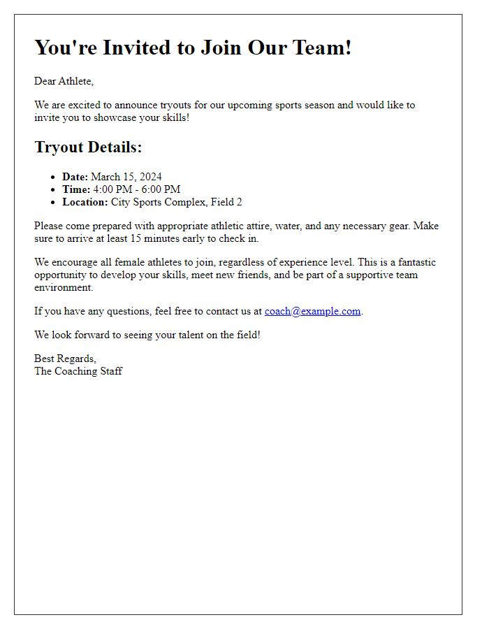 Letter template of sports team tryout invitation for female athletes.