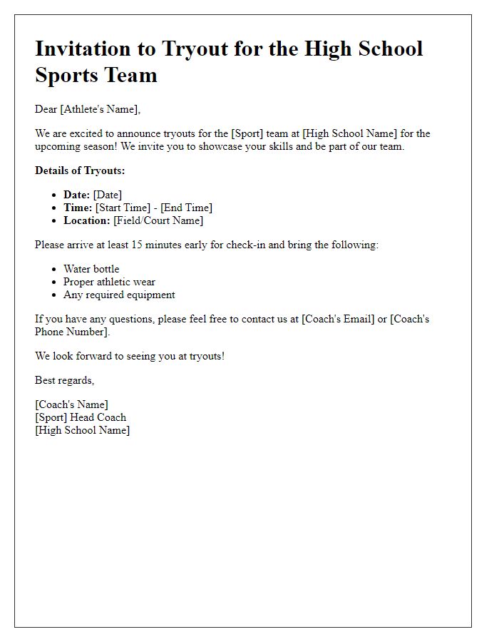 Letter template of sports team tryout invitation for high school athletes.