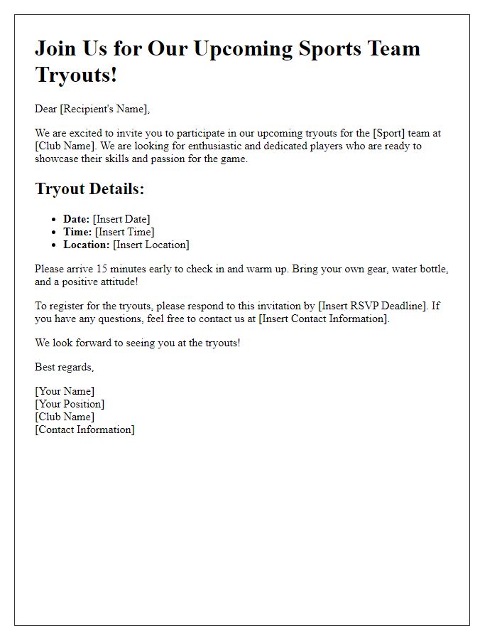 Letter template of sports team tryout invitation for local clubs.