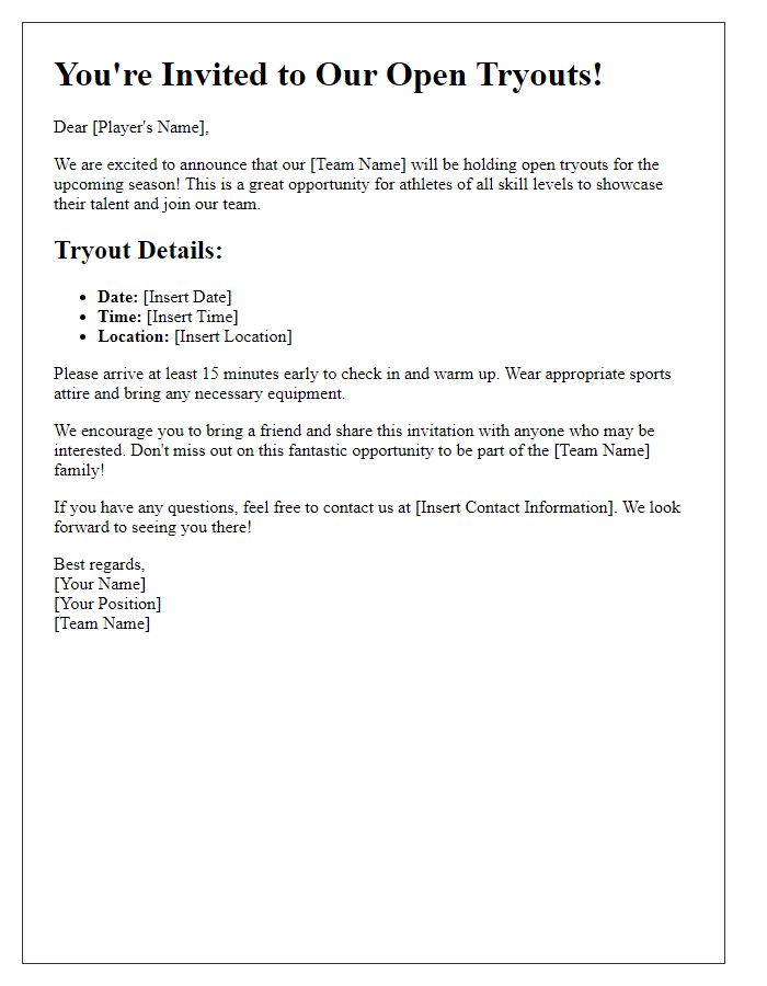 Letter template of sports team tryout invitation for open tryouts.