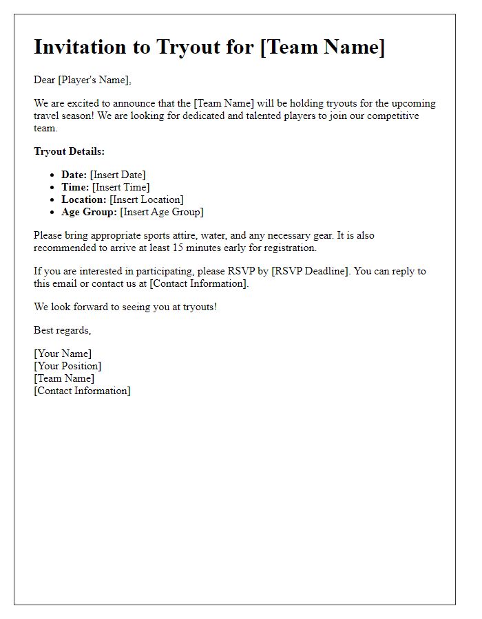 Letter template of sports team tryout invitation for travel teams.