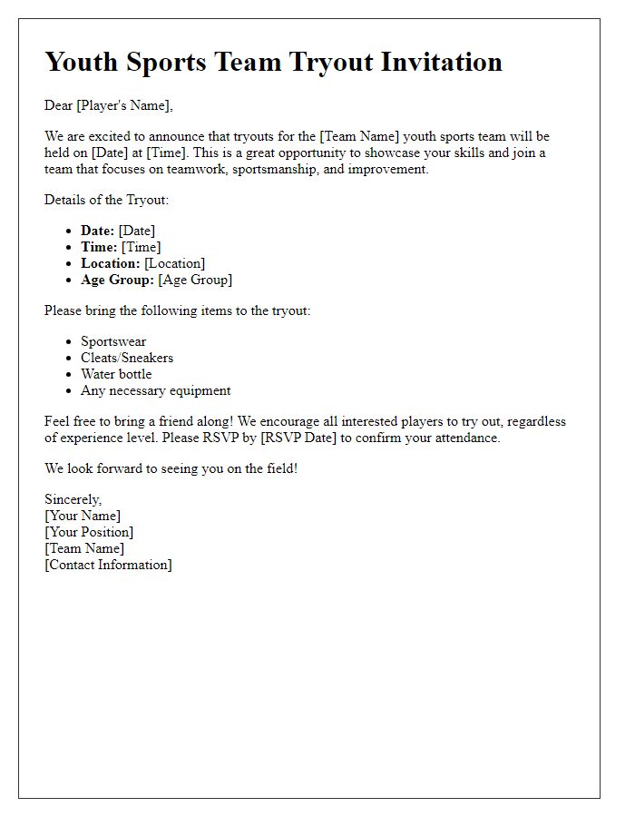 Letter template of sports team tryout invitation for youth players.