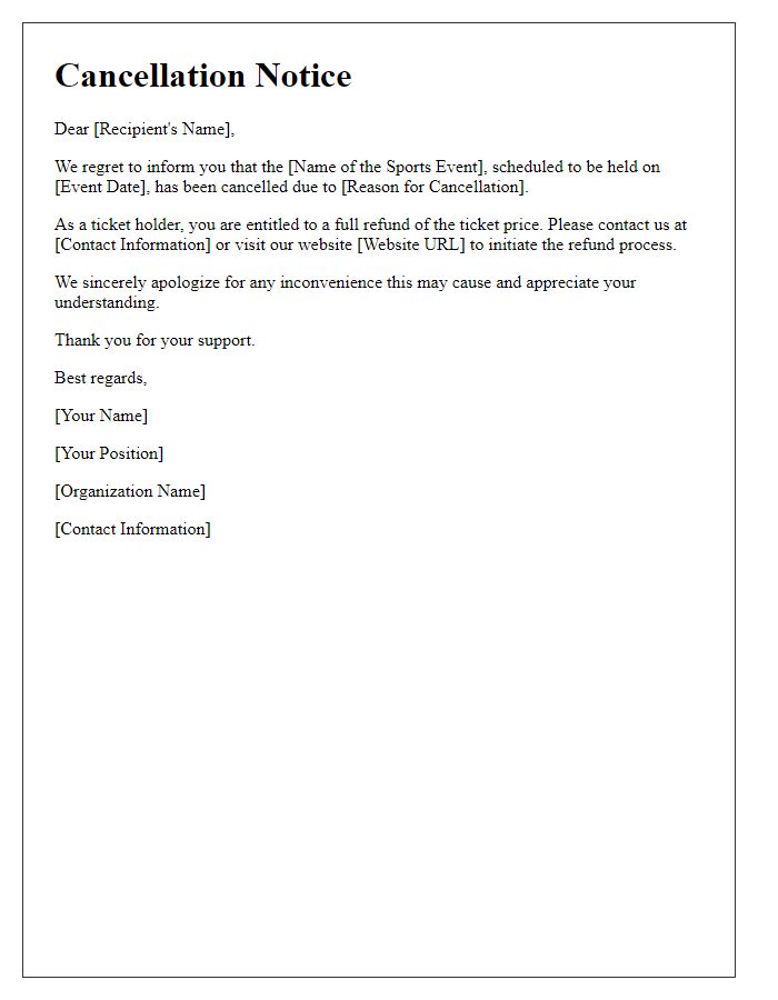 Letter template of cancellation notice for sports event tickets