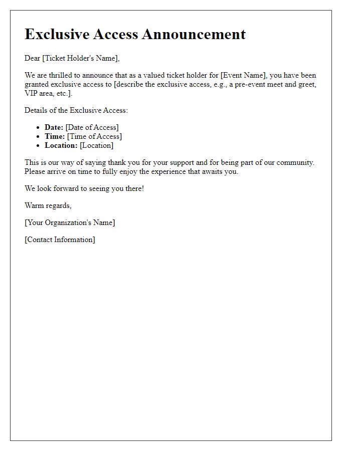 Letter template of exclusive access announcement for ticket holders