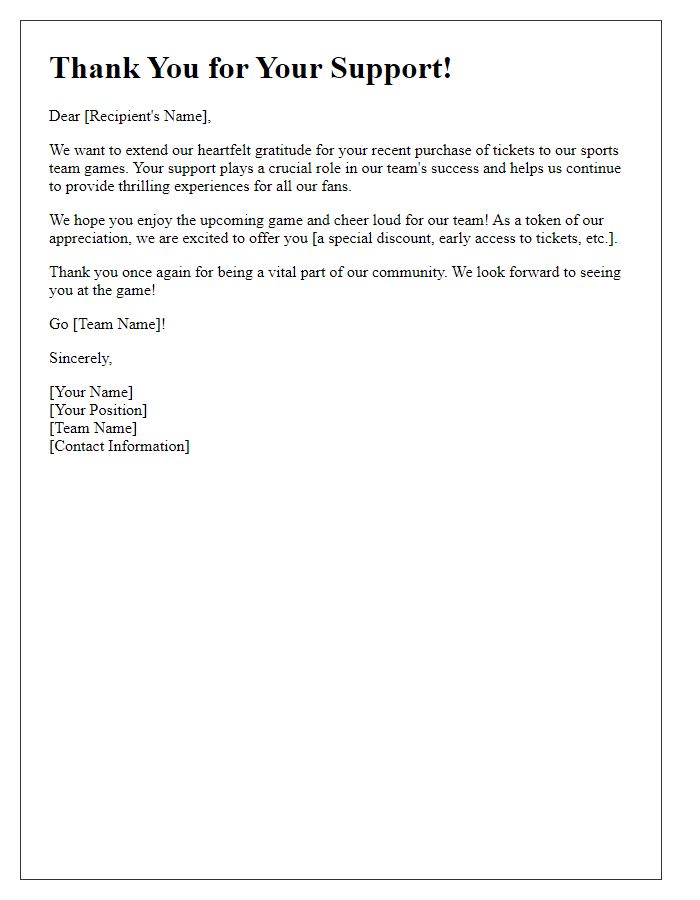 Letter template of thank you note for sports team ticket purchasers