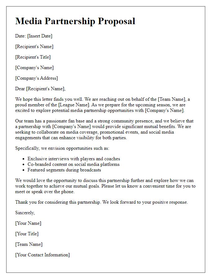 Letter template of sports team media partnership solicitation