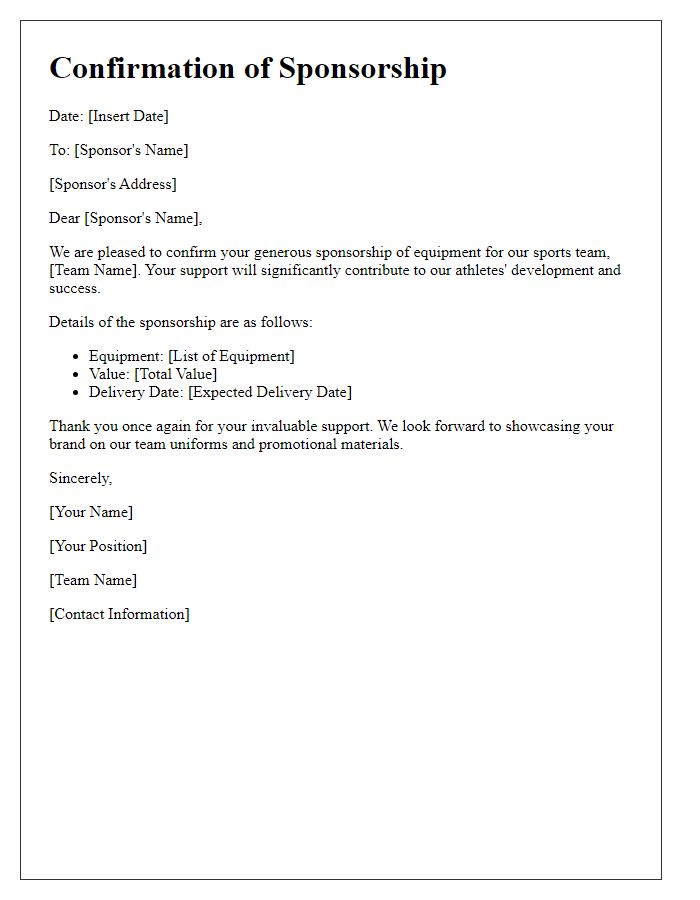 Letter template of confirmation for sports team equipment sponsorship.