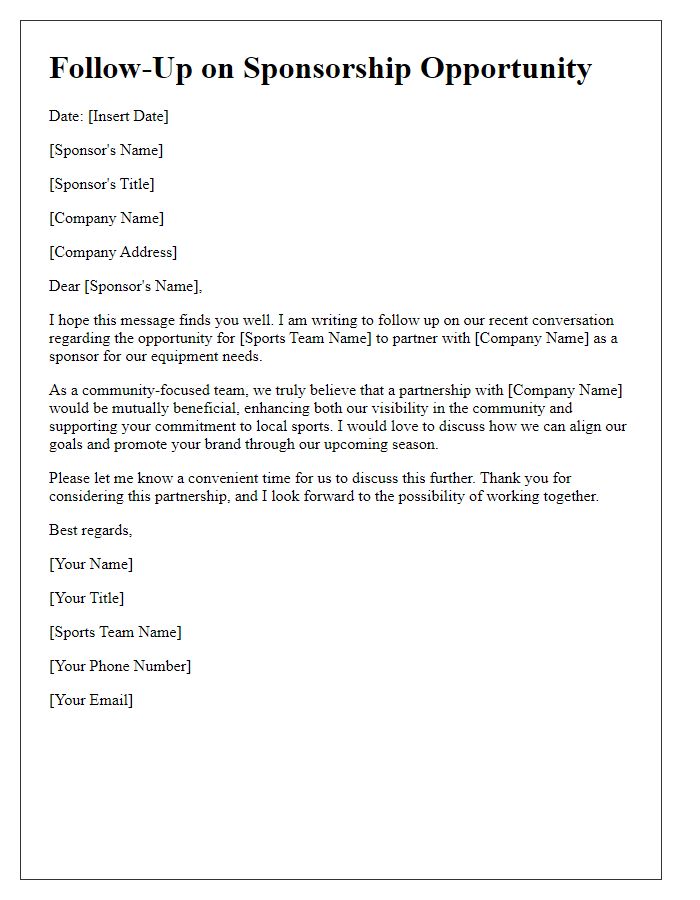 Letter template of follow-up for sports team equipment sponsorship.