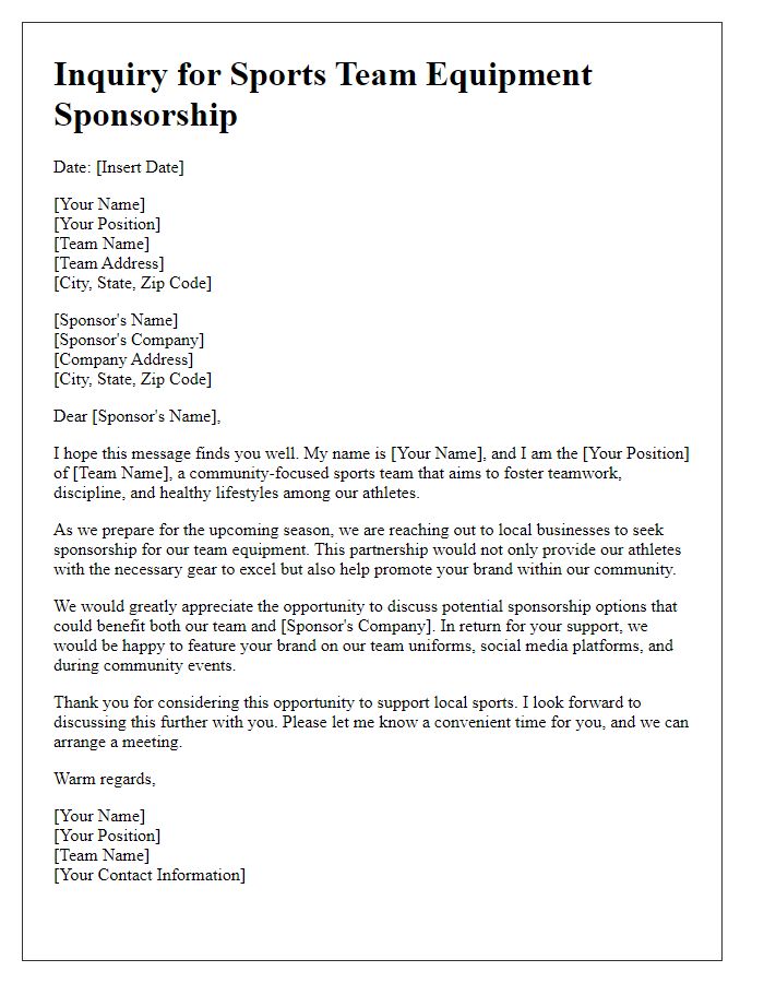 Letter template of inquiry for sports team equipment sponsorship.