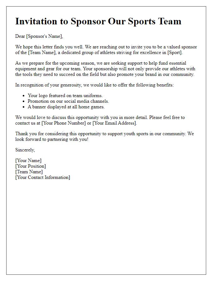 Letter template of invitation for sports team equipment sponsorship.