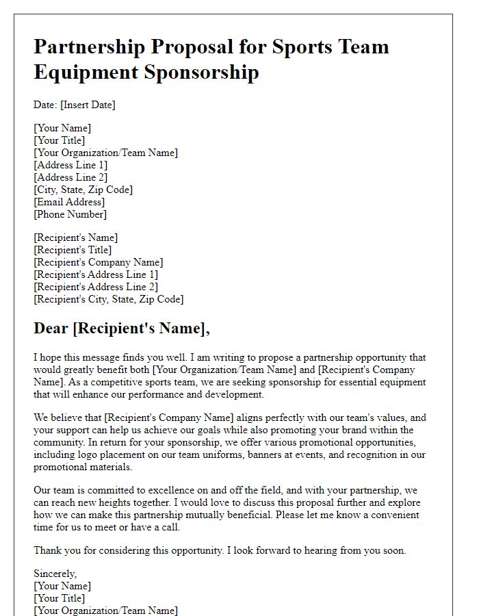 Letter template of partnership proposal for sports team equipment sponsorship.